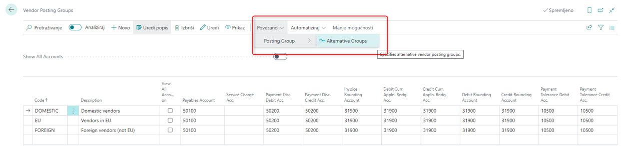 Business_Central_Postava knjižne grupe dobavljača - Zamjenske grupe