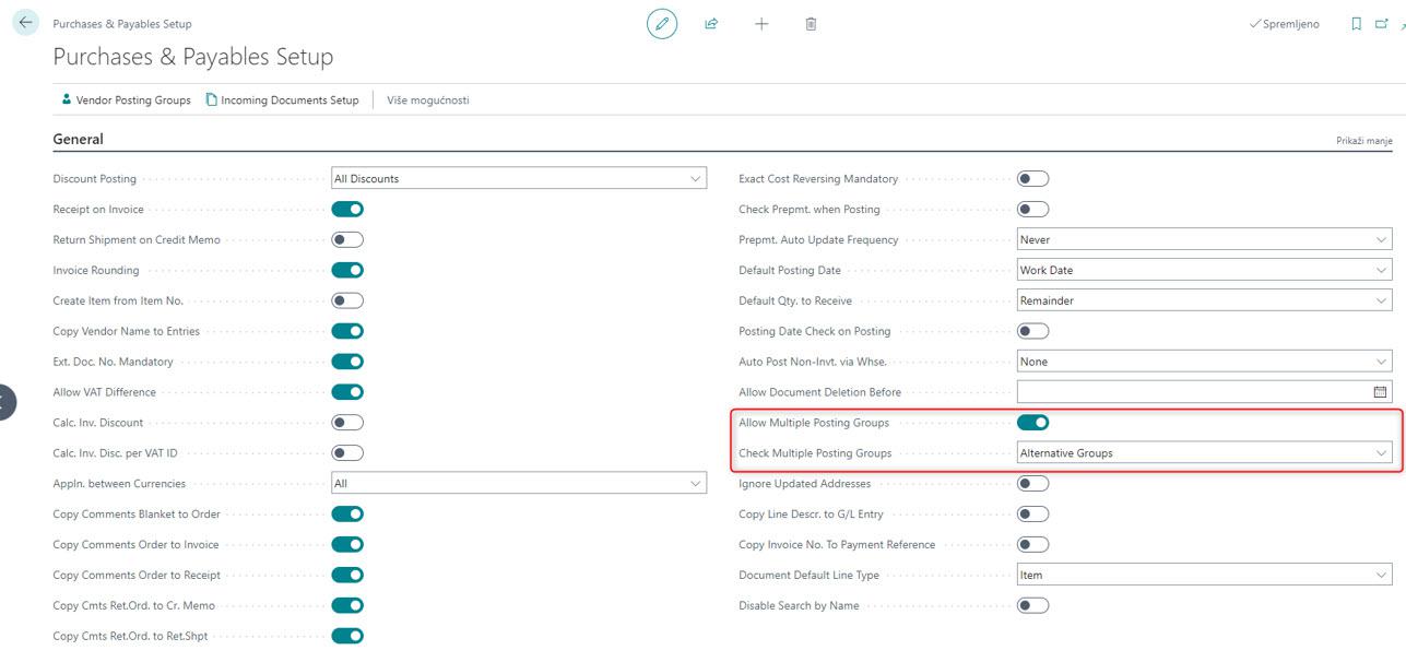 Business Central - Omogućavanje druge grupe knjiga u podešavanjima nabavke