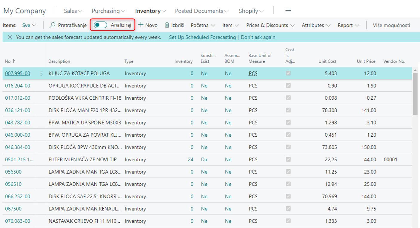 Analiza na stranici „Popis artikala“ – uključivanje opcije Analiziraj