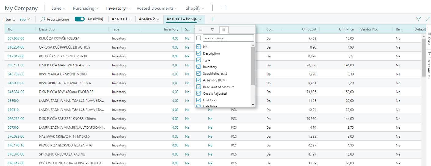 Business_Central_Analiza na stranici popis artikala - uključivanje/isključivanje stupaca