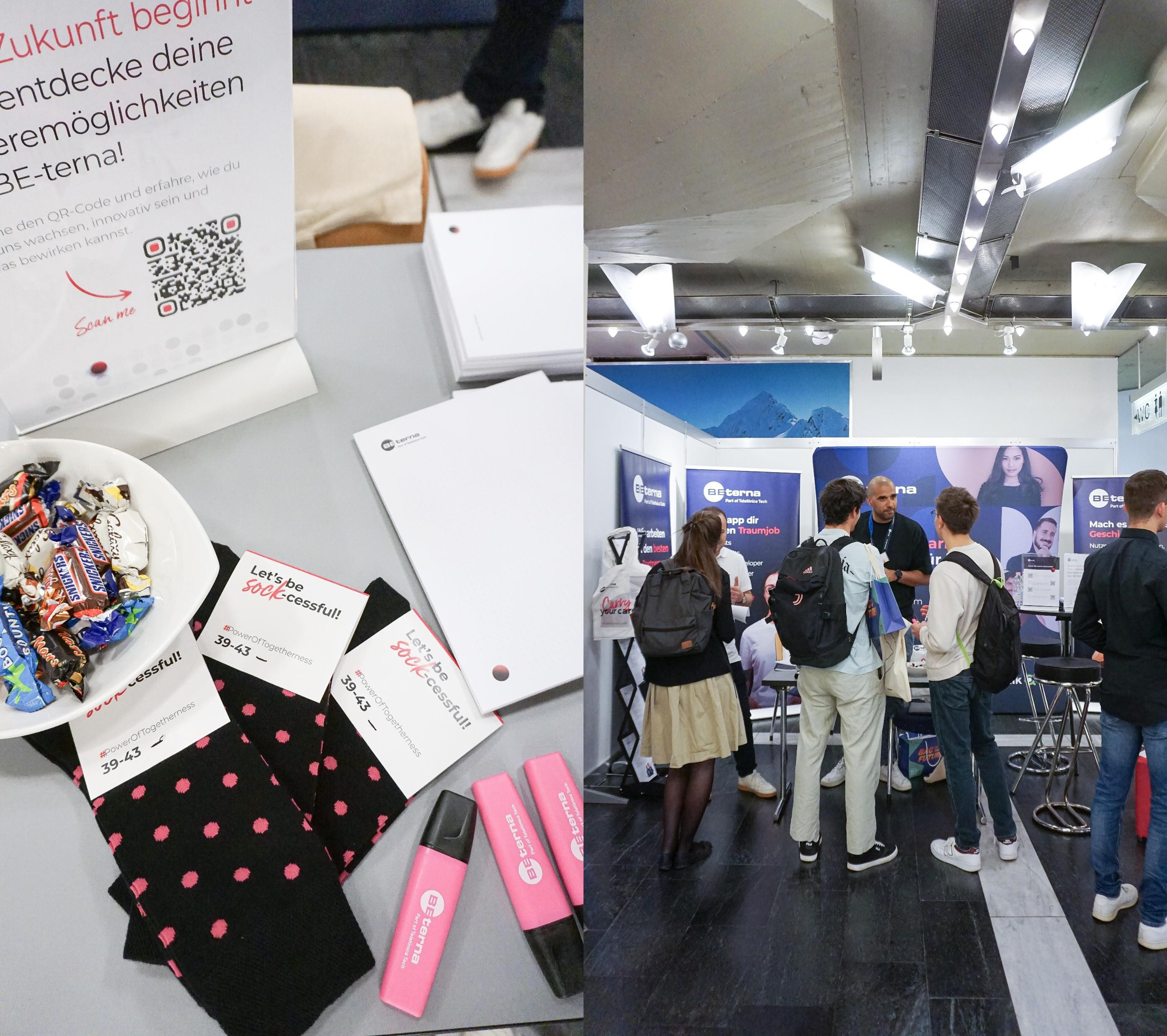 Großer Andrang am BE-terna Messestand: Zwischen Socken, Schokolade und Gesprächen auf Augenhöhe konnten Interessierte mehr über ihre Einstiegsmöglichkeiten entdecken.