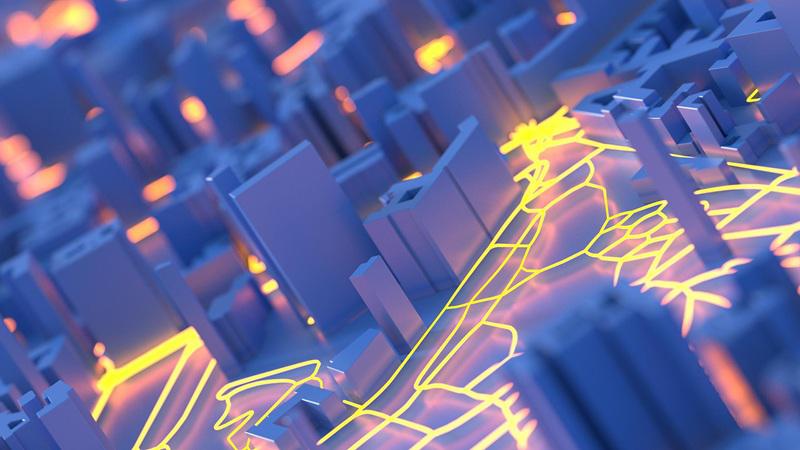 Digital grid and network infrastructure with ERP – illuminated 3D city model highlighting data-driven service management